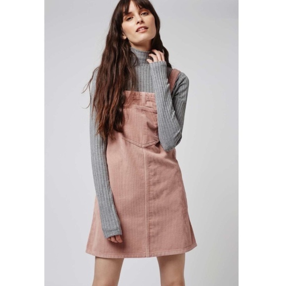 Topshop Corduroy Overall Dress in Pink